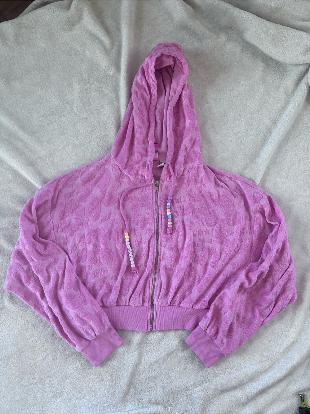 Barbie x Forever21 Pink Floral Terry Cloth Full Zip Hooded Cropped Sweatshirt